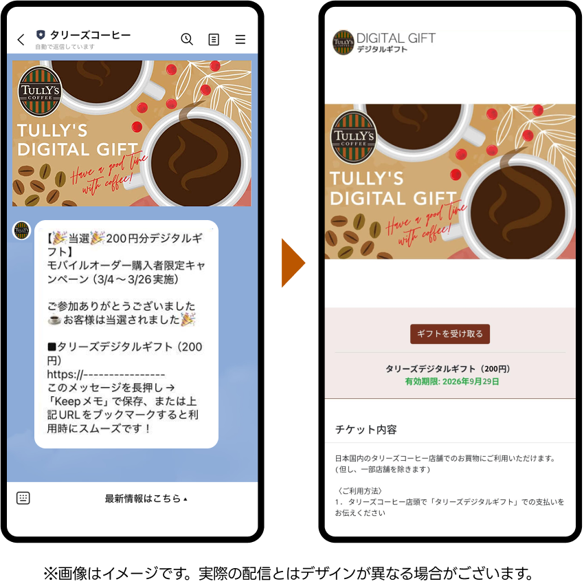 賞品の受け取り方法です。タリーズコーヒーLINE公式アカウントから、当選者にクーポンが届きます。店頭のお会計にてご利用ください。