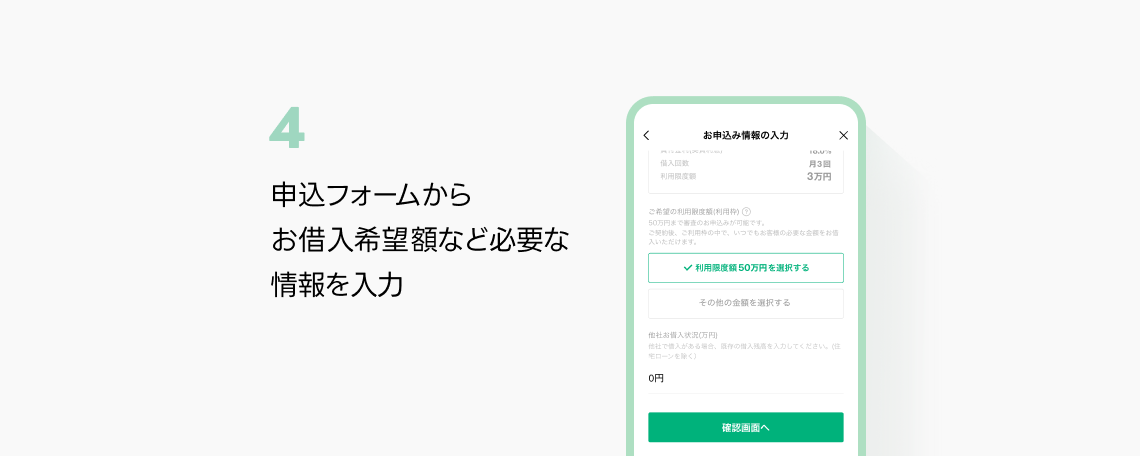 STEP1-4：申し込みフォームからお借入れ希望額など必要な情報を
入力イメージ