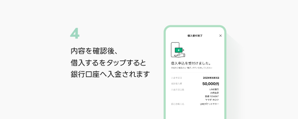 4：内容を確認後「借入する」をタップすると銀行口座へ入金されるイメージ