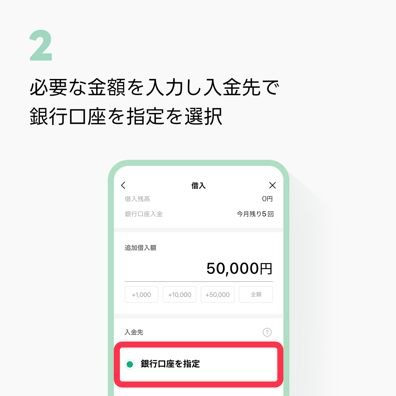 2：必要な金額を入力し、入金先で銀行口座を指定を選択するイメージ