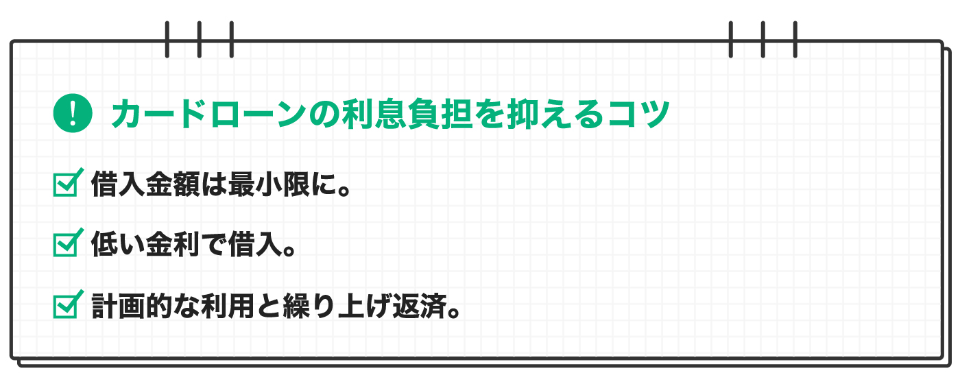 カードローンの利息負担を抑えるコツ。1.借入金額は最小限に 2.低い金利で借入 3.計画的な利用と繰上げ返済