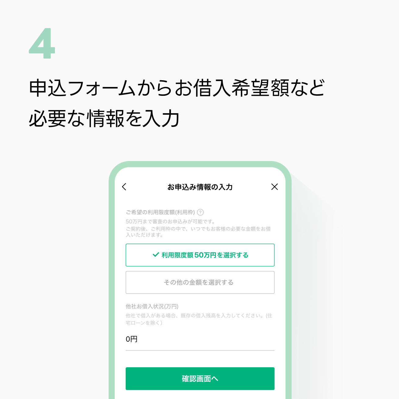 STEP1-4：申し込みフォームからお借入れ希望額など必要な情報を
入力イメージ
