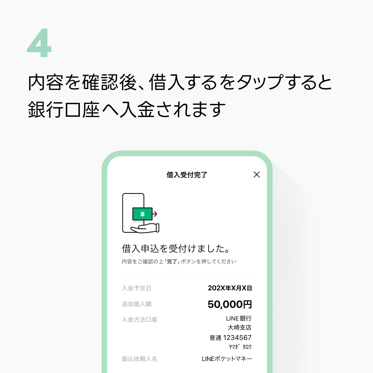 4：内容を確認後「借入する」をタップすると銀行口座へ入金されるイメージ