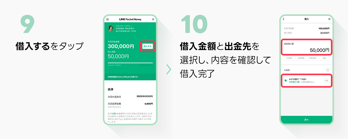 9、借入するをタップ 10、借入金額と出金先を選択し、内容を確認して借入完了