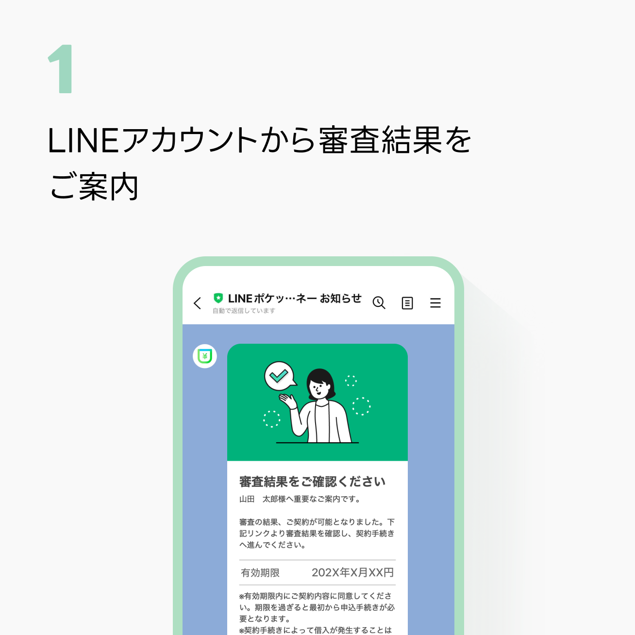 STEP3-1：LINEアカウントから『審査結果をご確認ください』と通知を受け取りイメージ