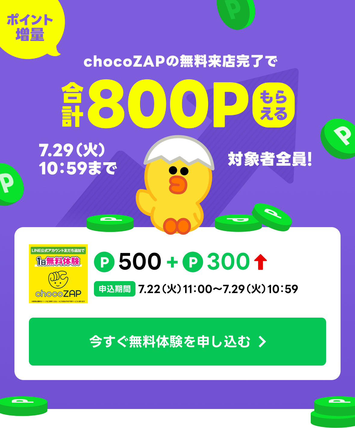 chocoZAPの申し込み&無料来店完了で合計800Pもらえる