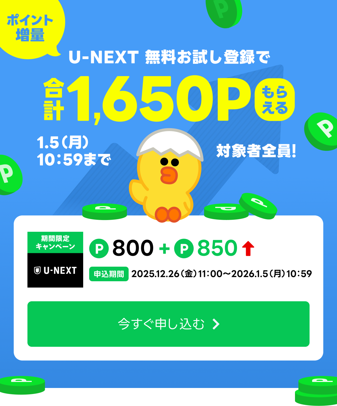 U-NEXTのおためし登録で合計1650Pもらえる