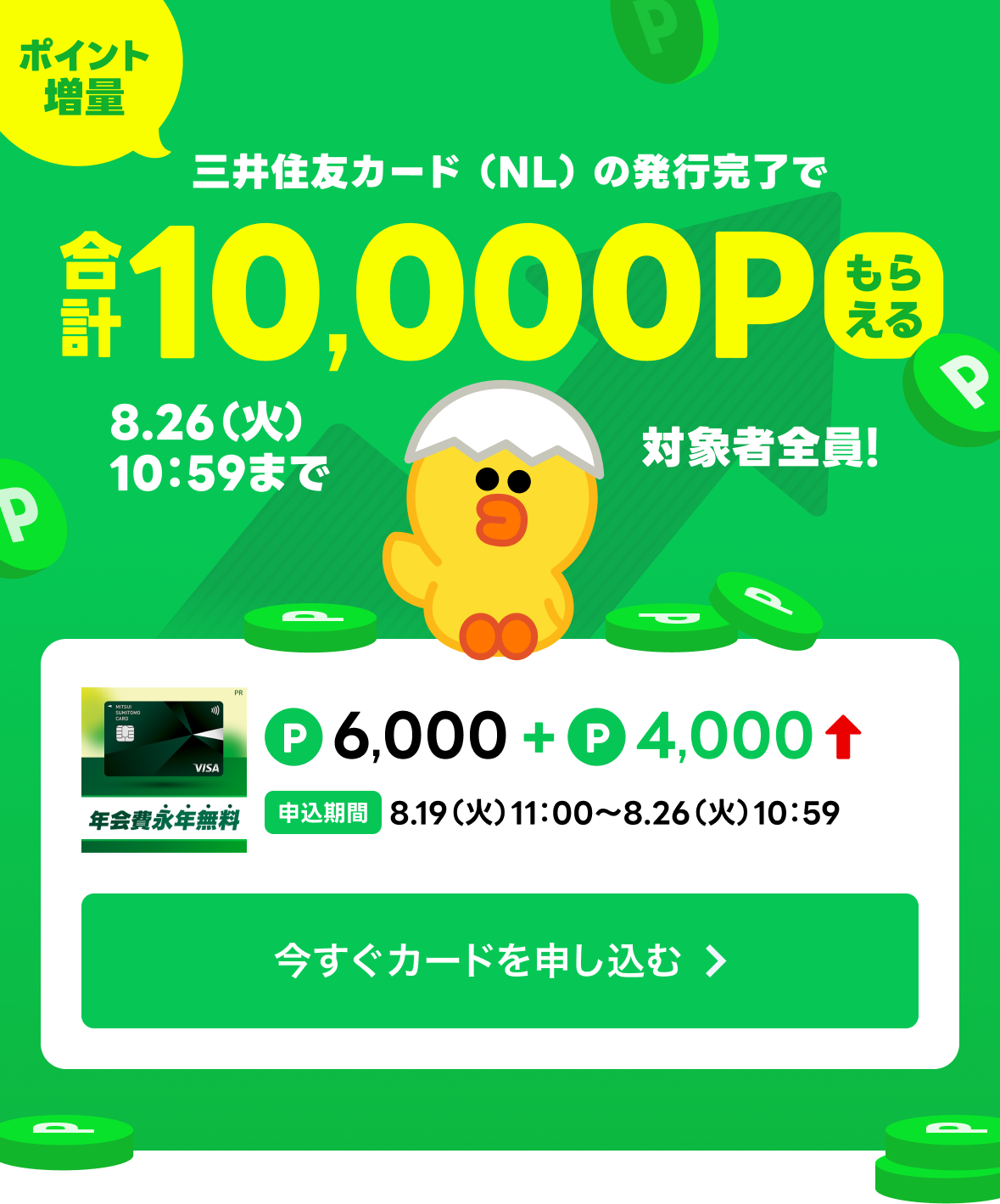 三井住友カード(NL)のカード発行完了で合計10000Pもらえる