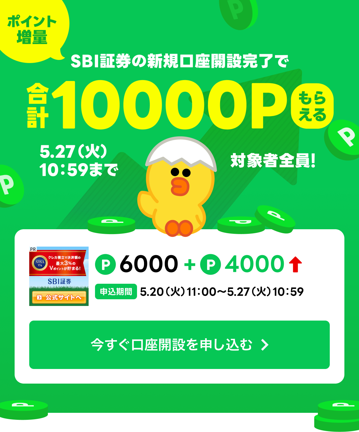 SBI証券の口座開設完了で合計10000Pもらえる