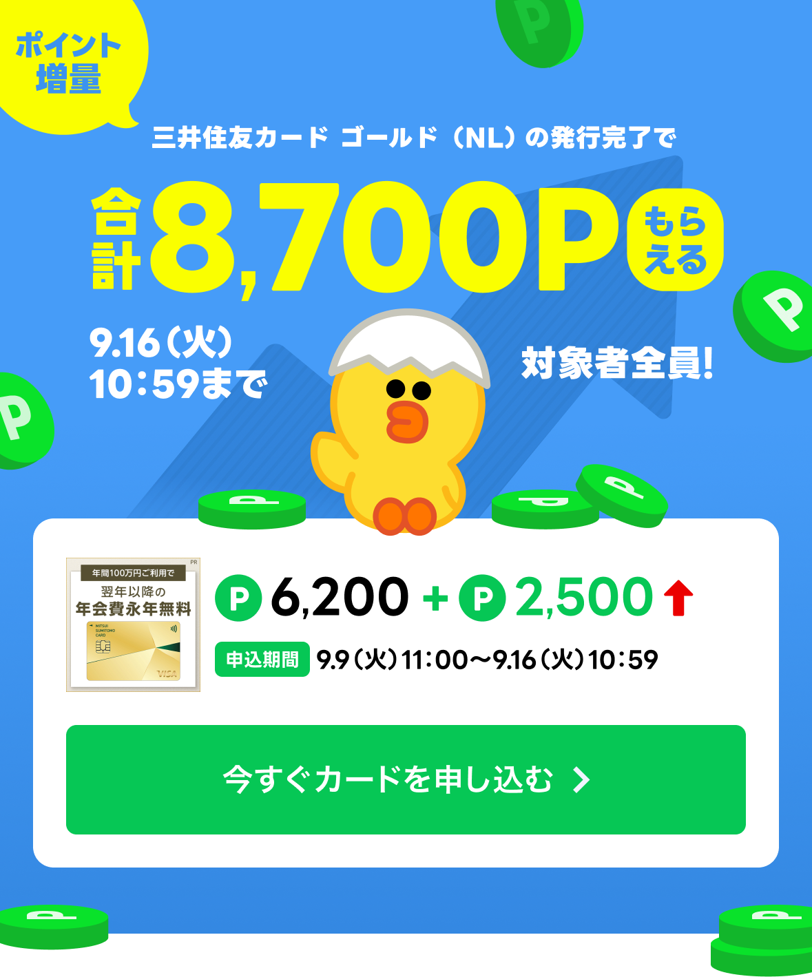 三井住友カード ゴールド(NL)のカード発行完了で合計8,700Pもらえる