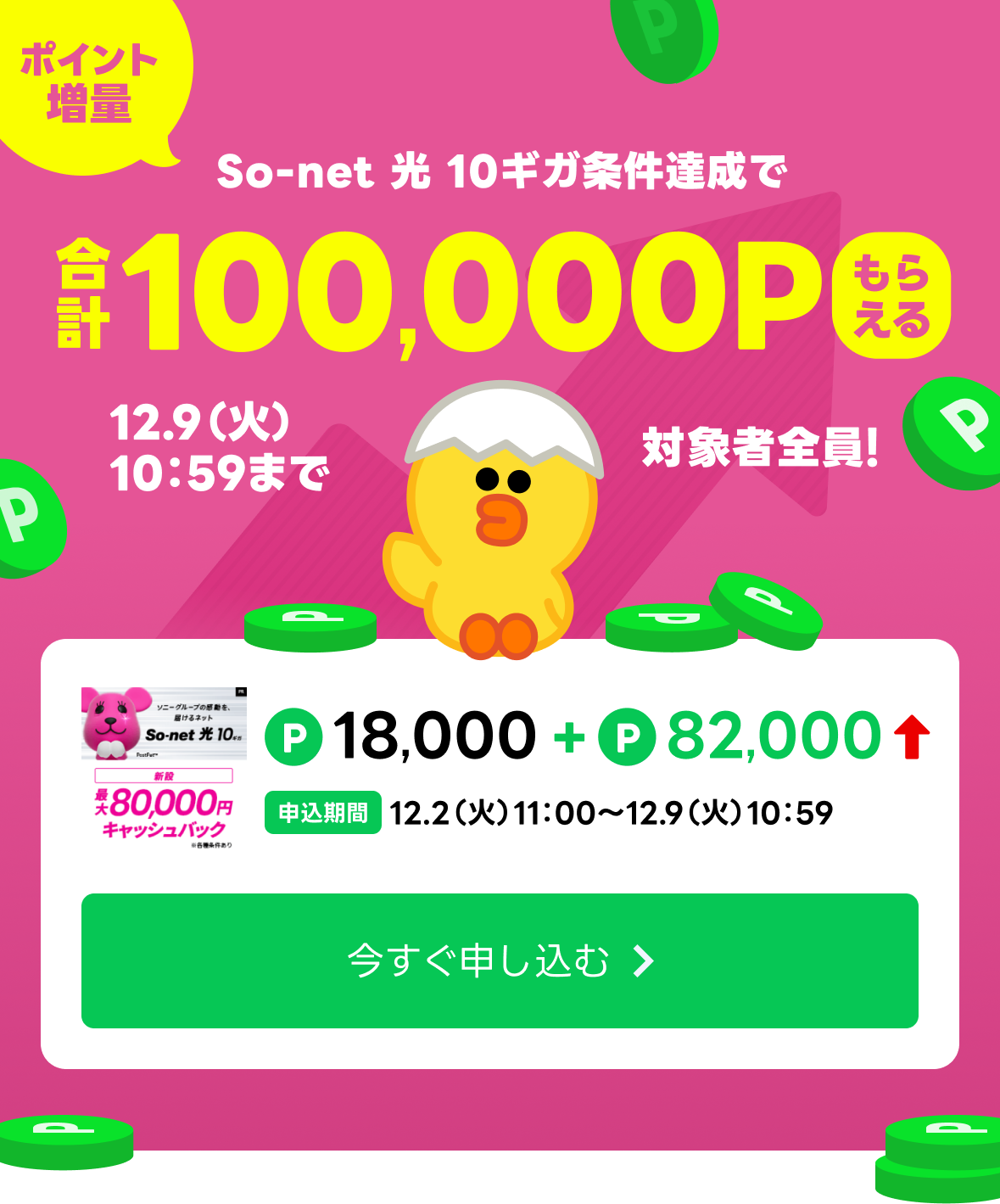 So-net 光 10ギガ条件達成で合計100,000Pもらえる