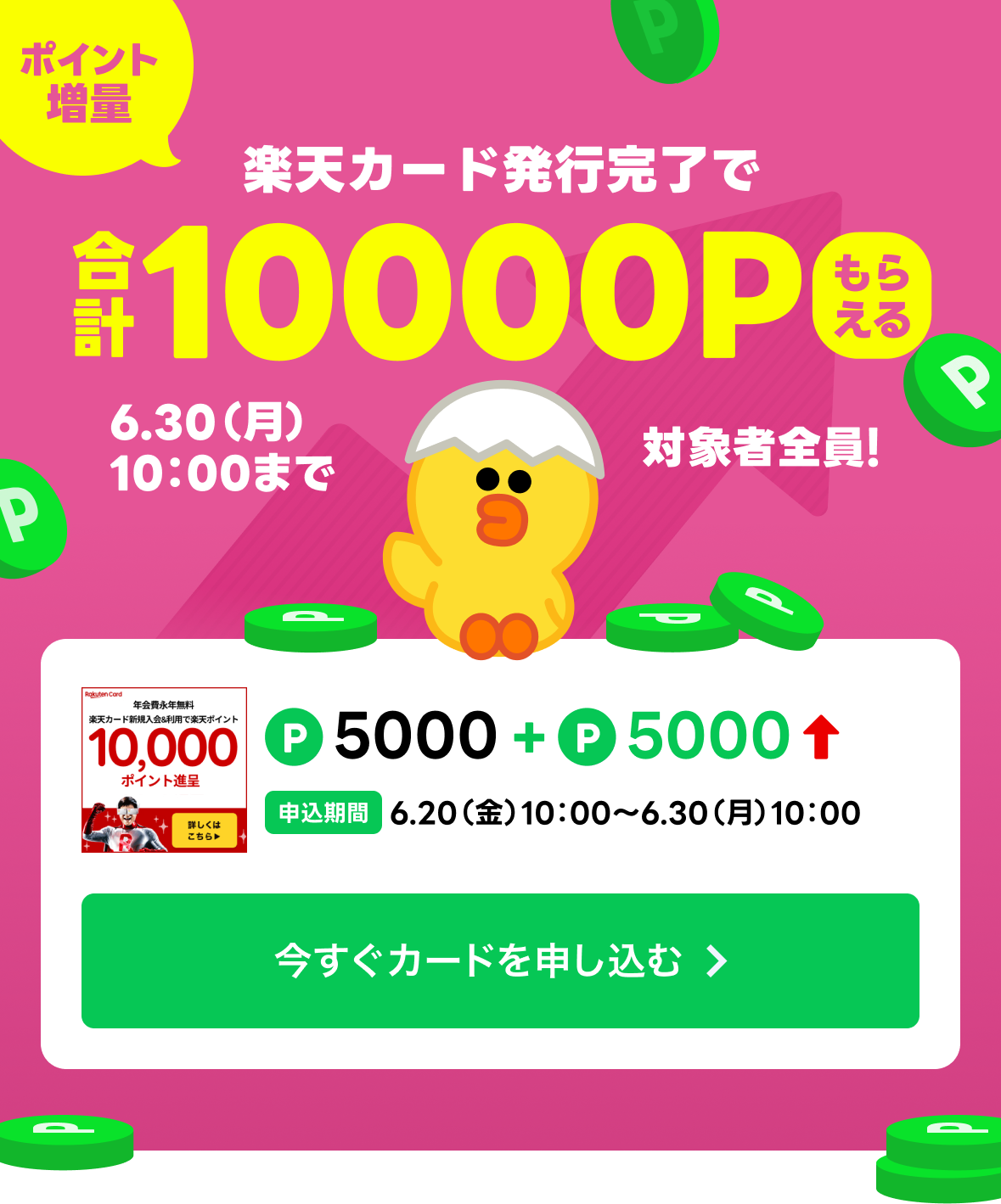 楽天カードのカード発行完了で合計10000Pもらえる