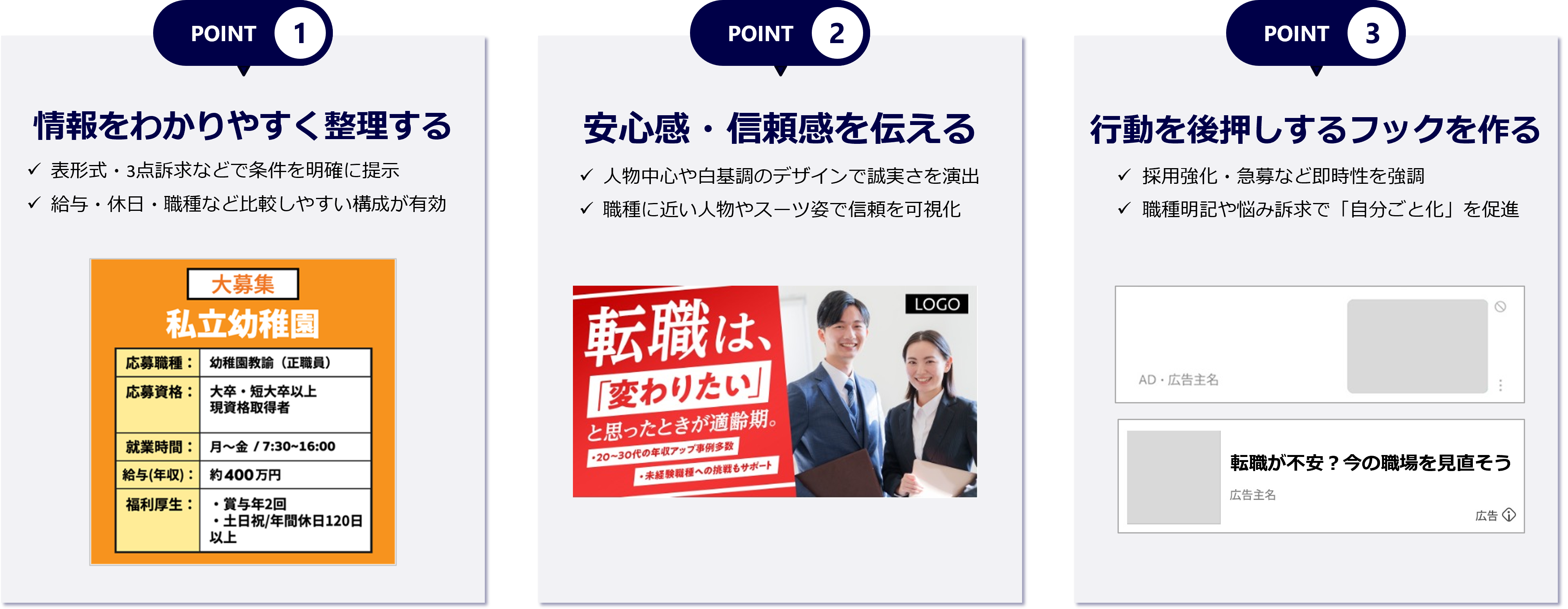 広告クリエイティブ改善の3つのポイント(情報の構造化、安心感・信頼感の付与、行動のトリガー設計)を紹介する図。