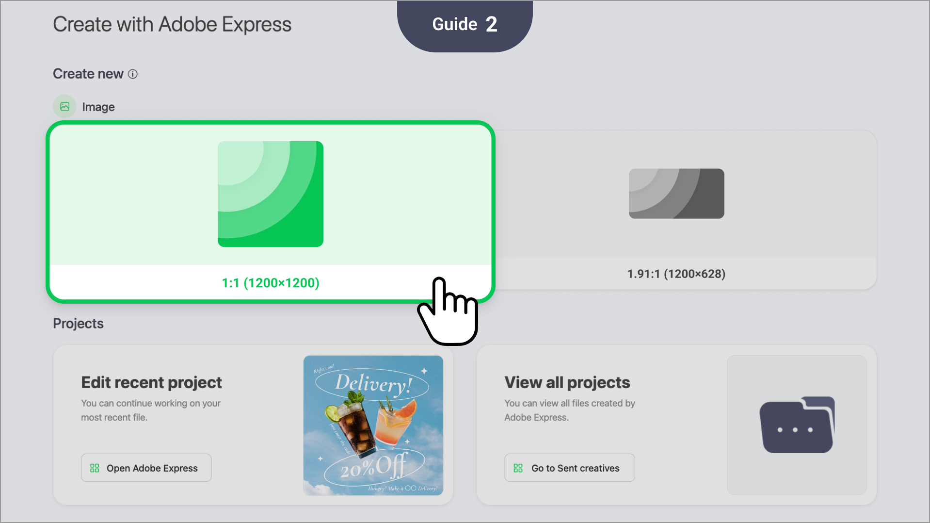 Select the type of creative you want to make in the "Create new" section to enter the Adobe Express editor.