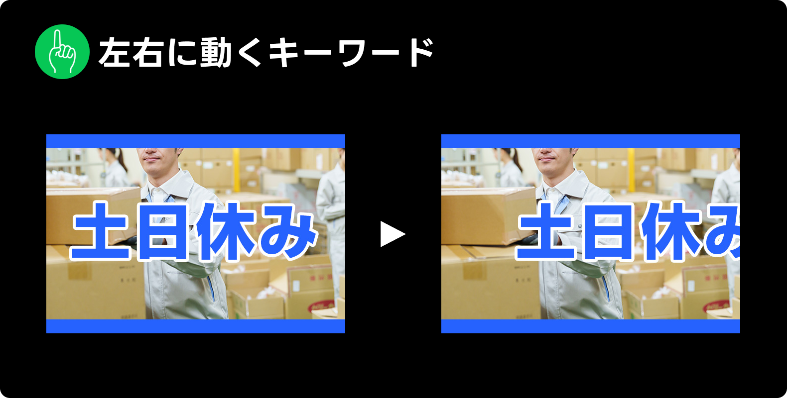 LINE広告で見られた表現「左右に動くキーワード」の例。「土日休み 土日休み」というキーワードが左右に動く様子が表示されている。