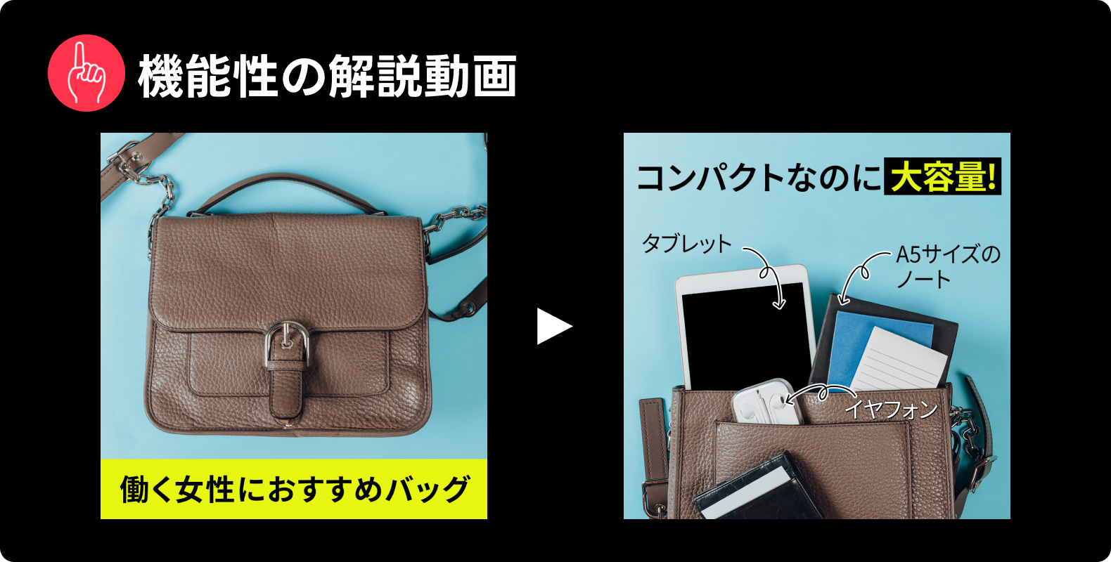 Yahoo!広告で見られた表現「機能性の解説動画」の例。コンパクトなのに大容量！タブレット、A5サイズのノート、長財布が入る様子が動画で解説されている。