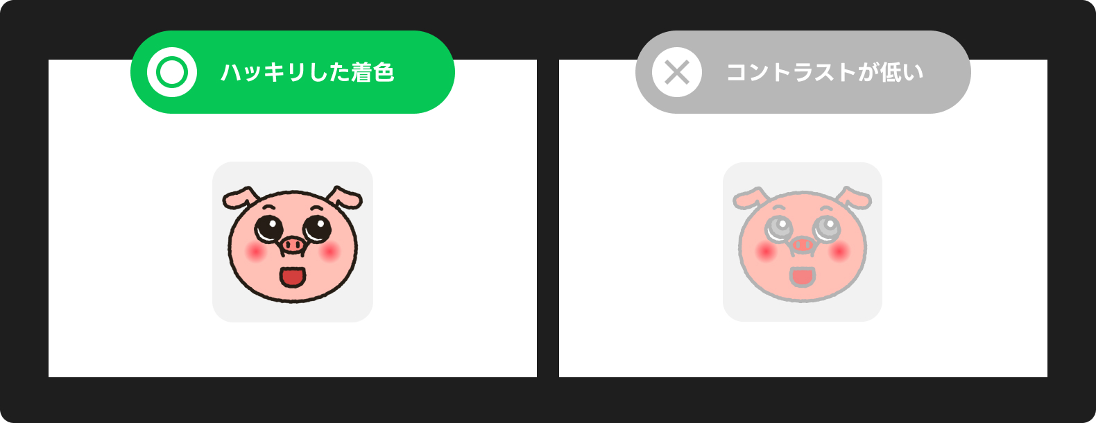 「ハッキリした着色」で視認性を高めることを示す例。左は明確な色使い、右は全体が薄くコントラストが低い見づらい例。