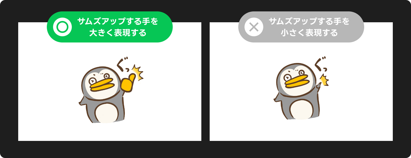 「人気表現の特徴」の解説画像。送信率が高い傾向のイラストは顔のパーツや手のポーズなど、感情を表現しているパーツを大きめに描いていました。
送信率が低い傾向のイラストは顔のパーツや手のポーズなど、感情を表現しているパーツを小さめに描いていました。
