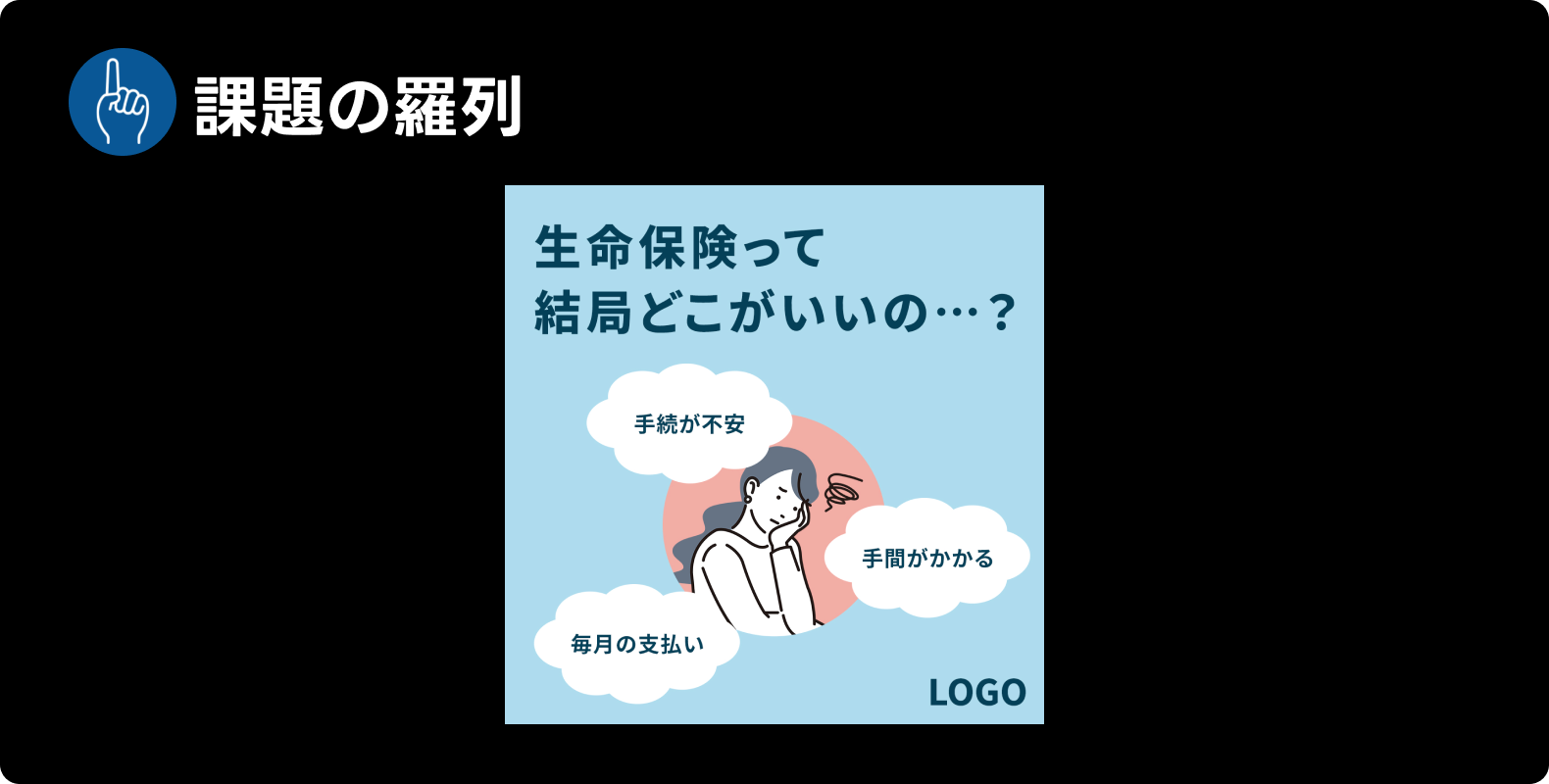 LINE広告・Yahoo!広告共通で見られた表現「課題の羅列」の例。「生命保険って結局どこがいいの？」「手続が不安」「毎月の支払い」「手間がかかる」といったテキストが表示されている。