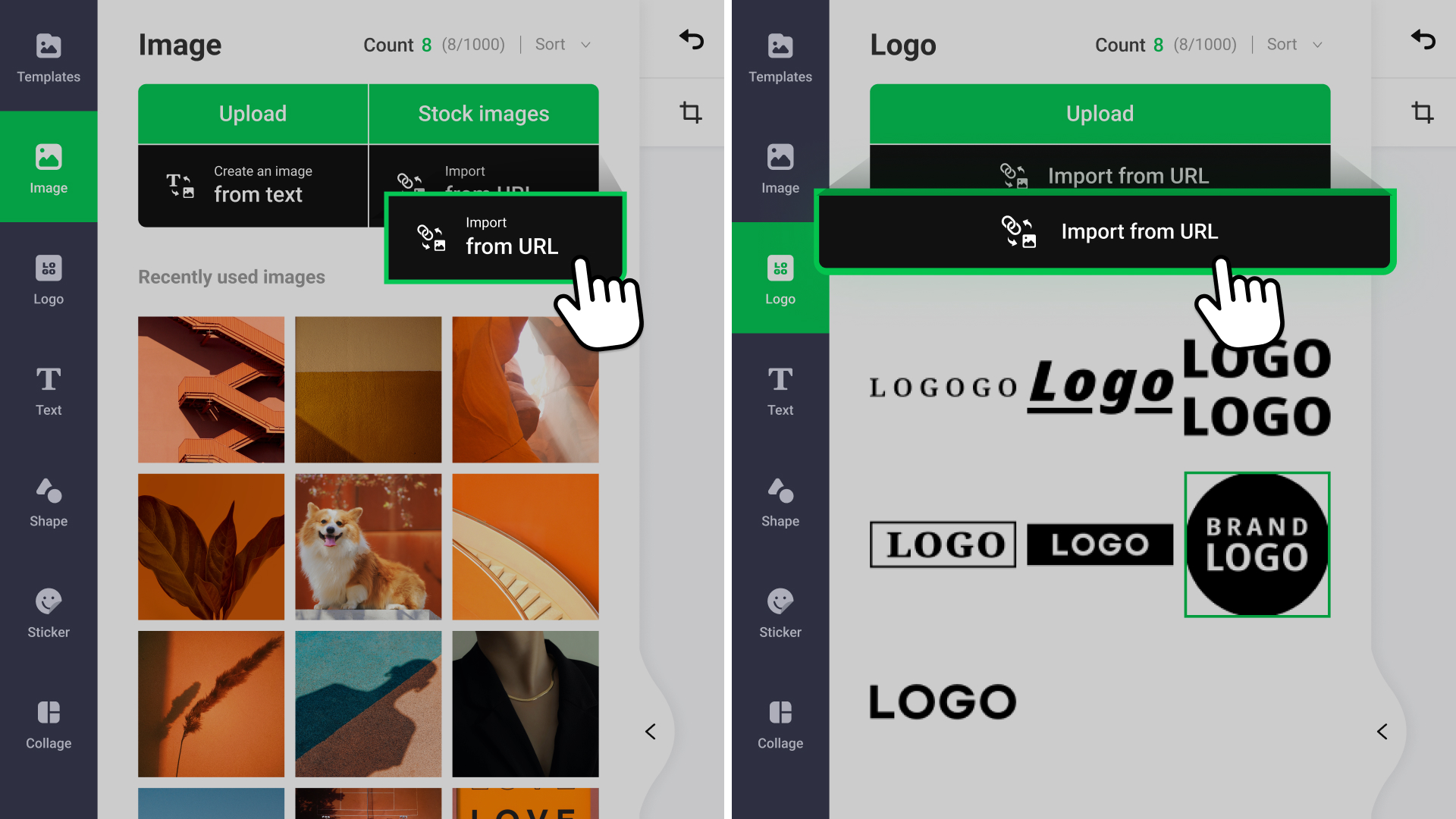 In the Image or Logo tab for the image editor, use the Import from URL option.