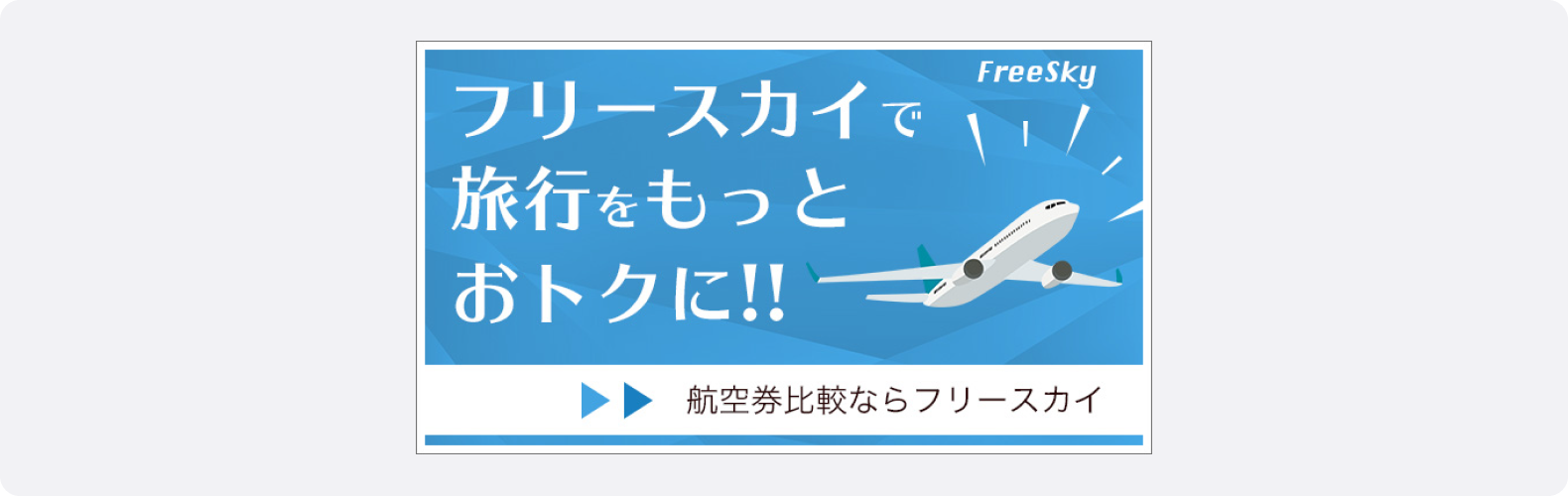 航空券チケットの広告。「フリースカイで旅行をもっとおトクに!」という企業名を含んだキャッチコピーが大きく配置されている。