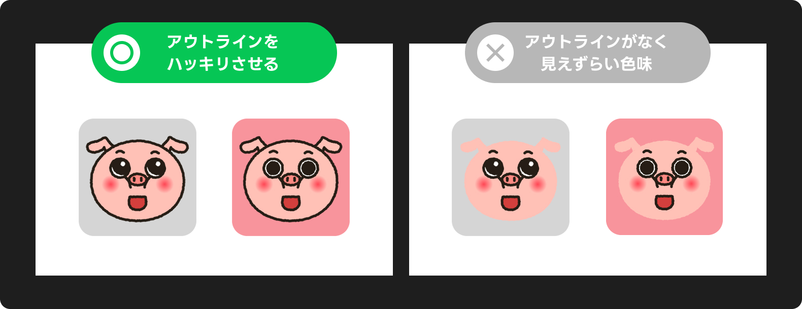 「アウトラインをハッキリさせる」ことを推奨する例。左は濃い線で輪郭がはっきりしており、右は背景と同化してしまうような淡い色で視認性が低い例。