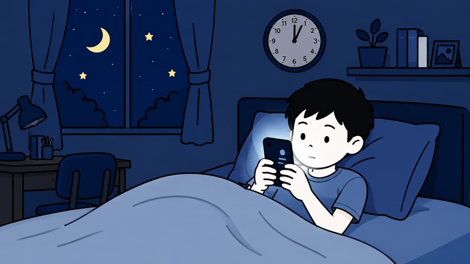 夜の寝室で、子どもが布団の中からスマートフォンを見ているフラットなイラスト。窓の外には月と星が見え、スマホの光で顔まわりだけが明るく照らされている。