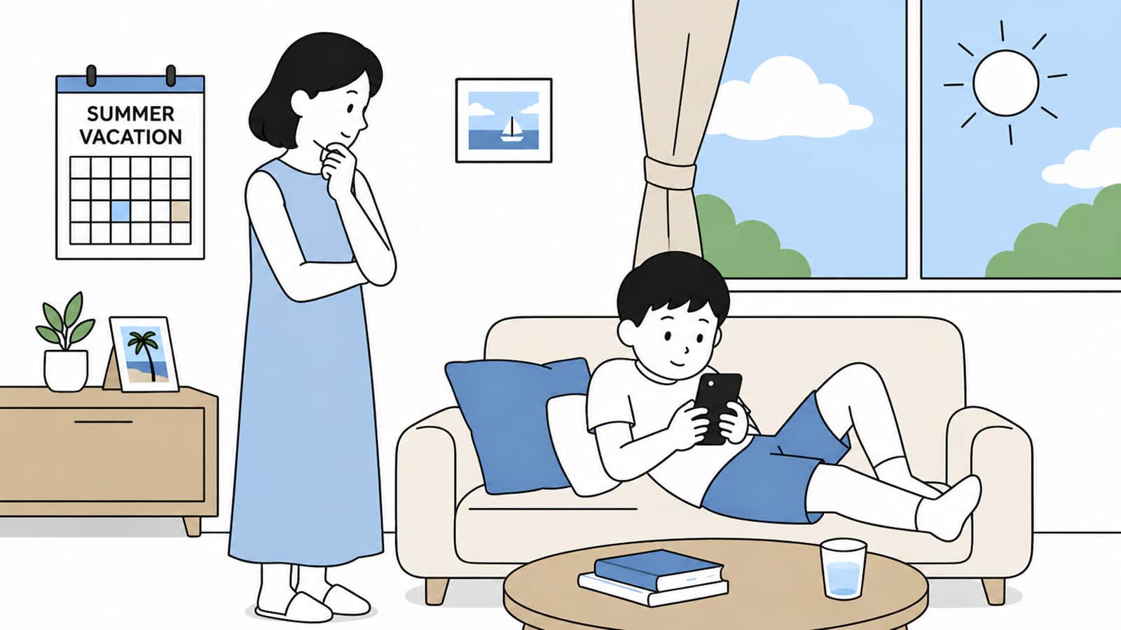 夏休みのリビングでスマートフォンを見る子どもを、保護者が少し離れた場所から穏やかに見守っているフラットなイラスト。窓の外には明るい日差しが入り、家庭でネット利用を考える雰囲気を表している。