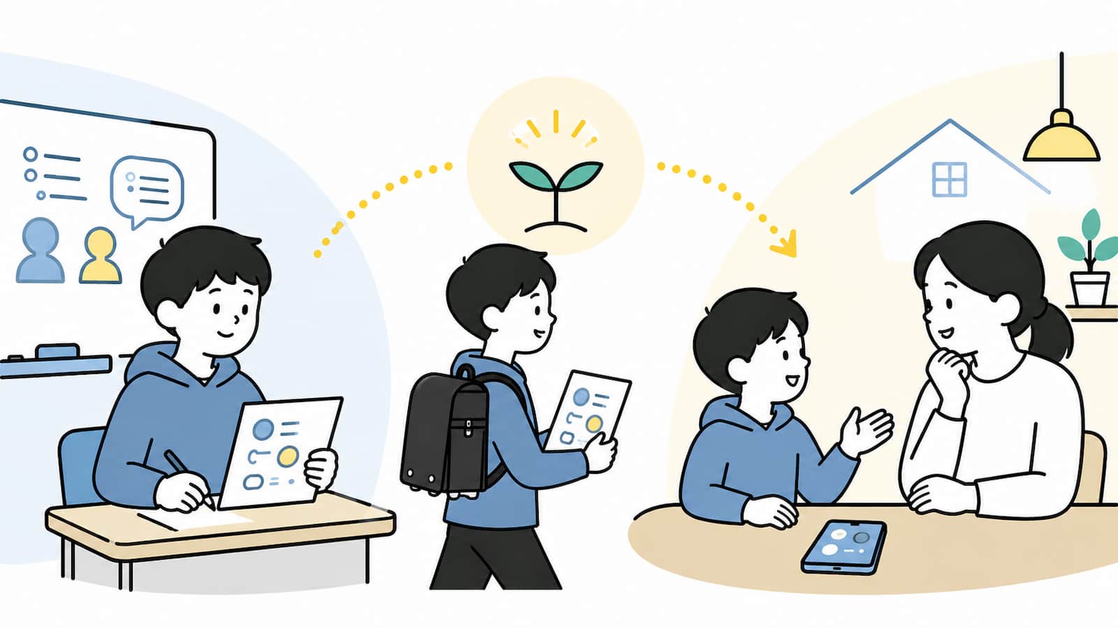 生徒が学校で受けた情報モラル授業を家庭でも話し合うことを示す画像