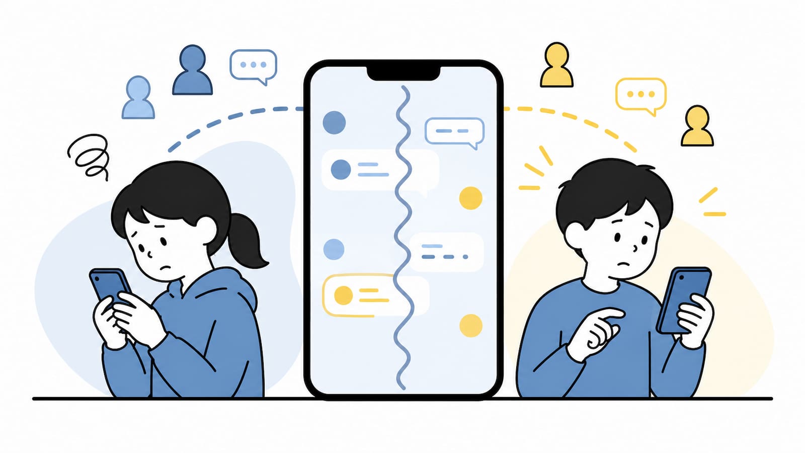 ネットのやり取りでは、被害者にも加害者にもなるえることを示すため、スマホの画面を2分割して表現