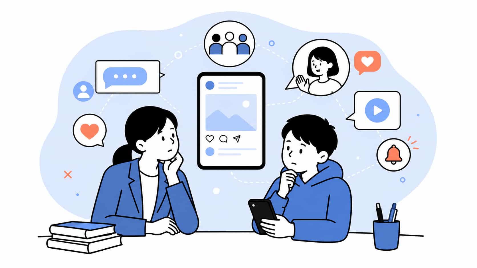 先生とと生徒がスマホをみながら情報モラルに括られるSNSなどのサービスについて考えている画像