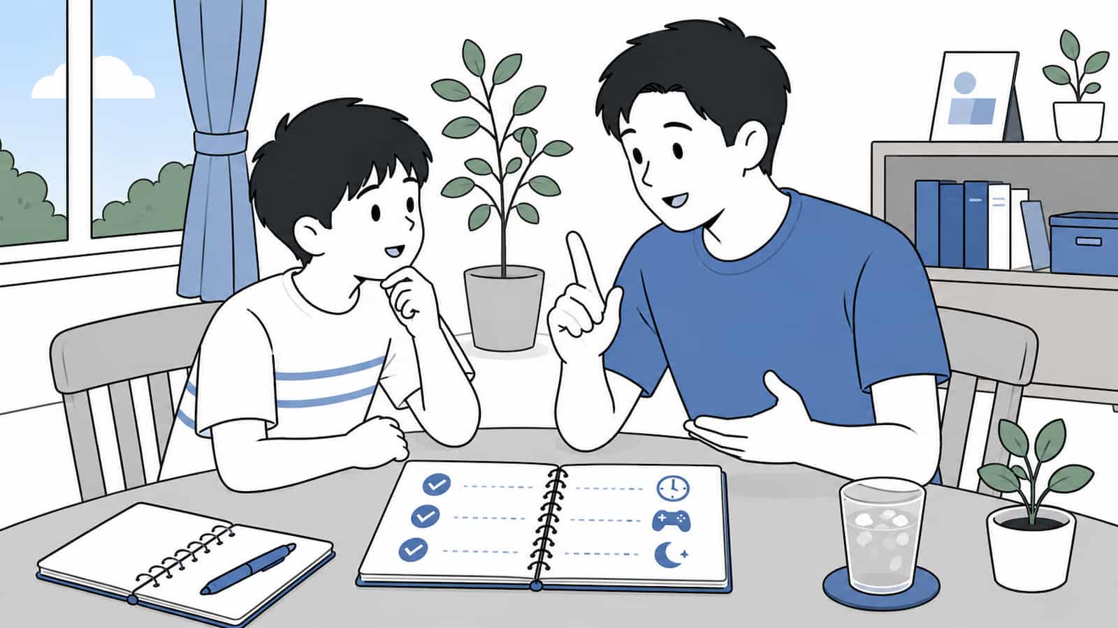 明るいリビングのテーブルで、お父さんと高学年の子どもが向かい合って穏やかに話しているイラスト。テーブル上のタブレットには文字ではなく記号だけが表示され、困ったときに相談できる親子関係を表している。