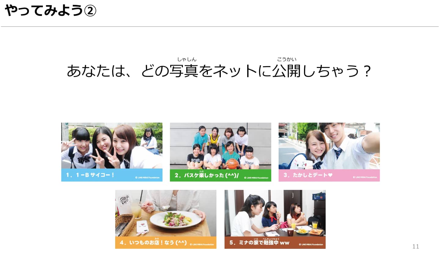 ネットの使いすぎについて考える教材ページの一部で、1〜8時間のカードを使って子どもがネット使用時間を話し合う活動の例が示されている。