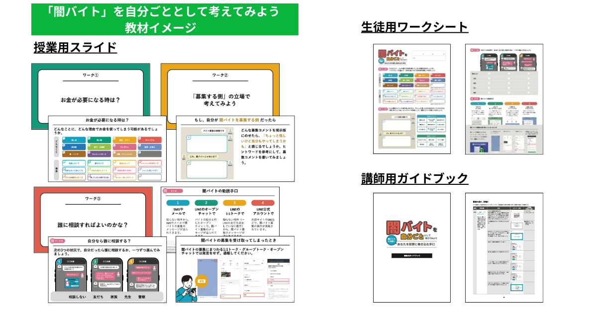 「闇バイトを自分ごととして考えてみよう」教材の構成紹介画像で、授業用スライド、生徒用ワークシート、指導者向けガイドブックのサンプルが並んでいる。