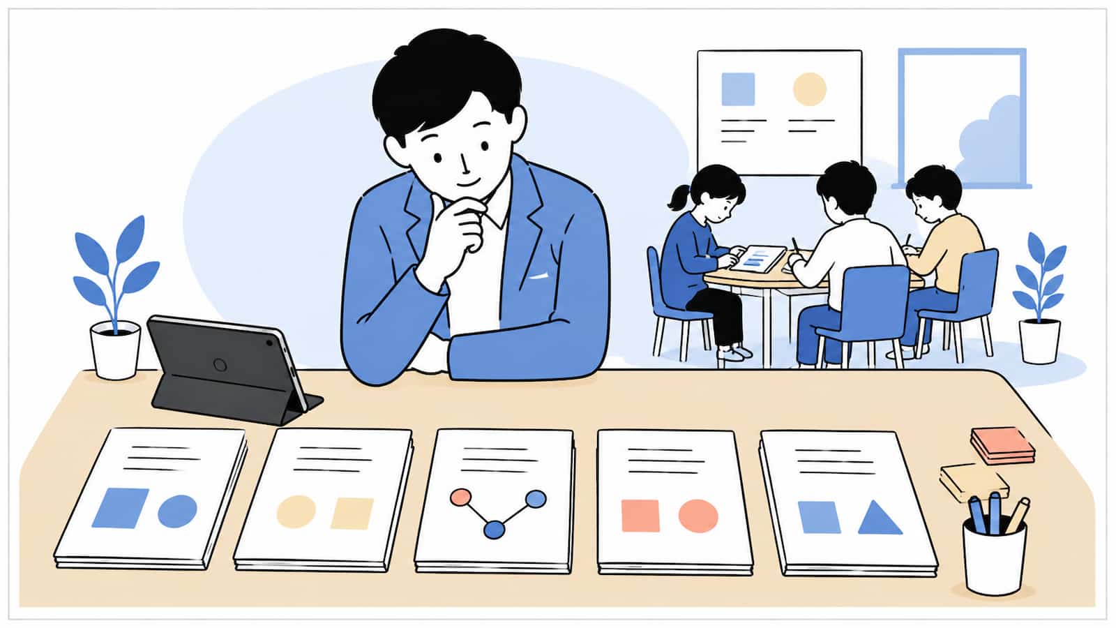 先生が正面の机に並んだ教材冊子を見比べ、背景では児童たちが学習に取り組んでいる教室のイラスト
