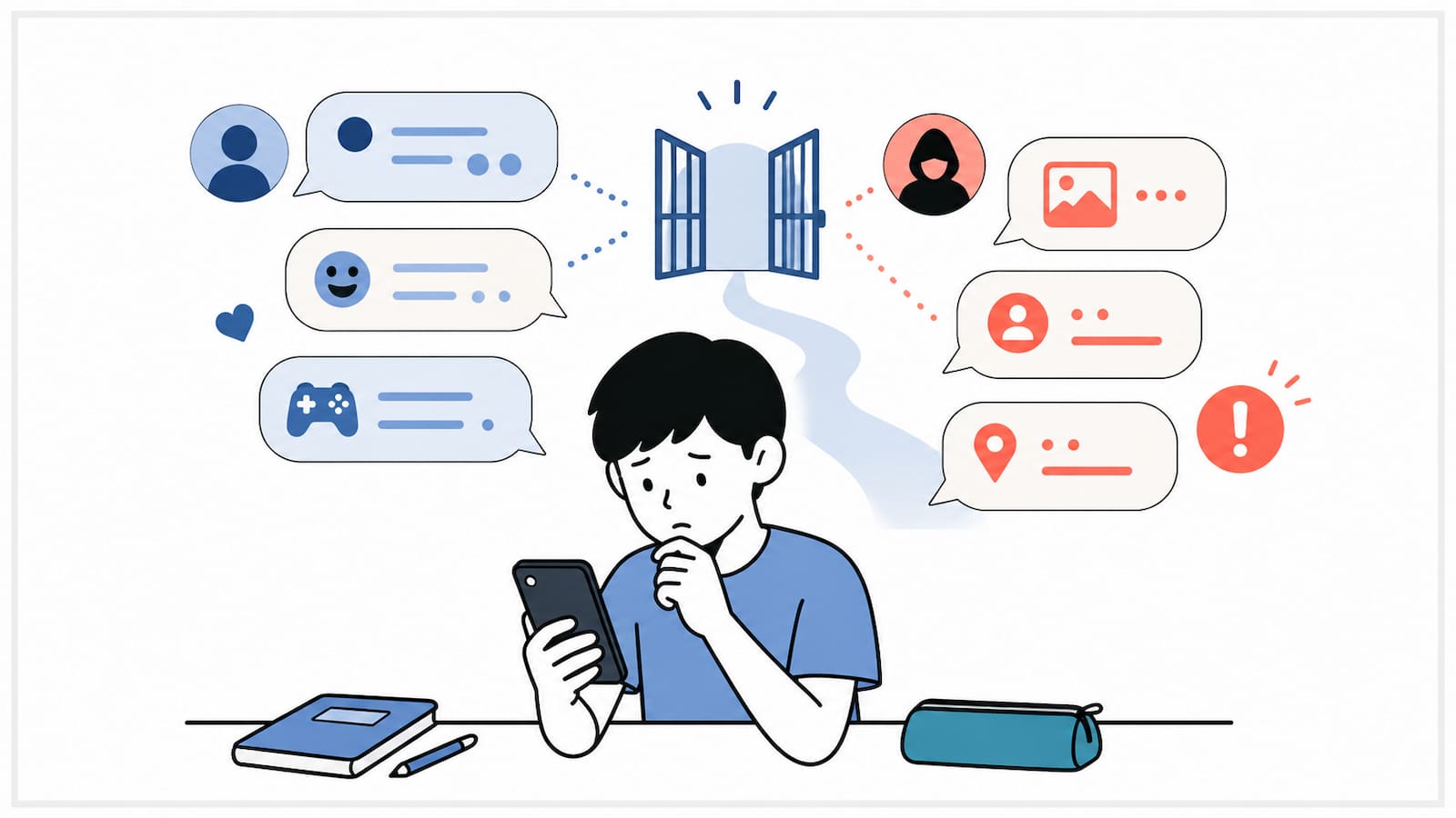 子どもが机でスマートフォンを見ながら迷い、周囲にやさしい会話から注意が必要な要求へ変わっていく様子を示す吹き出しや記号が浮かぶ、SNS上の見えにくい境界を表した挿絵。