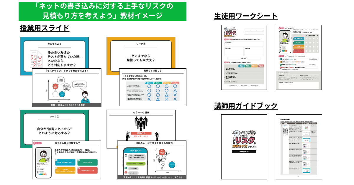 「ネットの書き込みに対する上手なリスクの見積もり方を考えよう」教材の構成紹介画像で、授業用スライド、生徒用ワークシート、指導者向けガイドブックのサンプルが並んでいる。