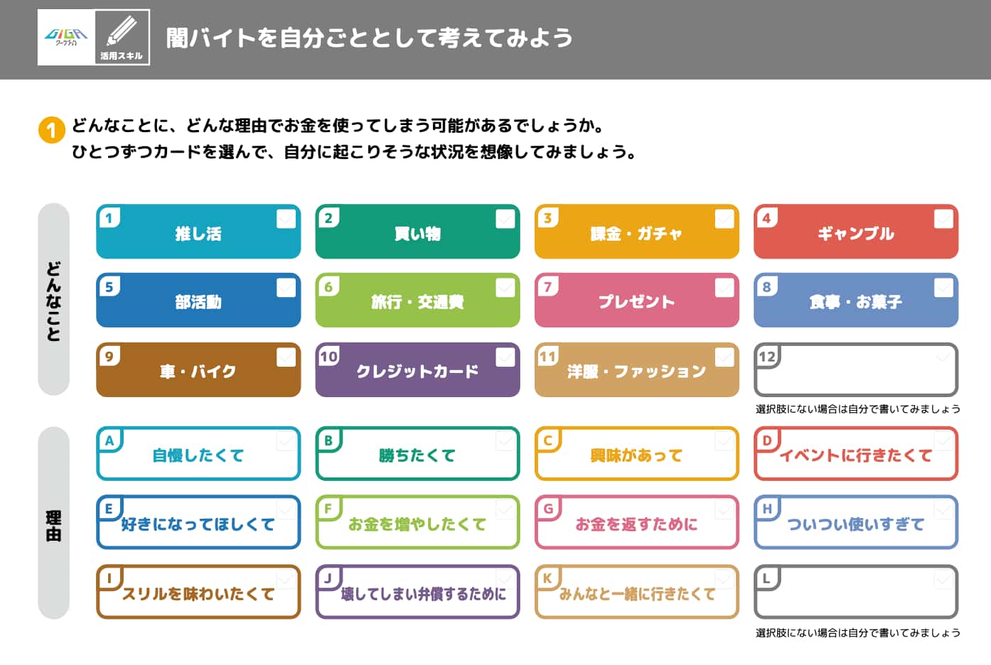 闇バイトに関する教材のサンプル画像。SNSのアルバイト募集広告の不審な点を見つけるワークが掲載されている。