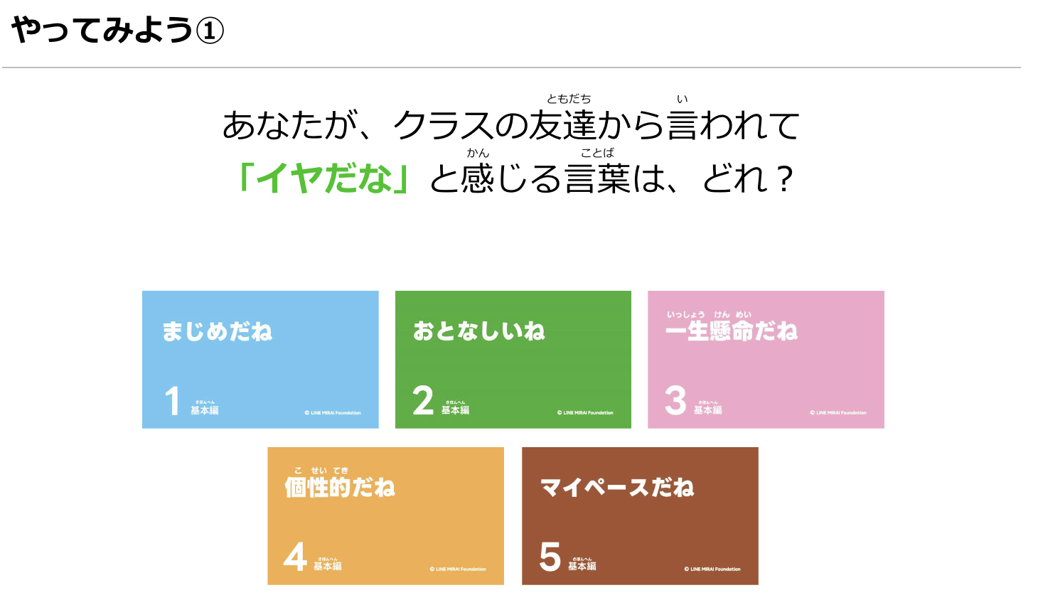 ネットでの基本的なやり取りや相手への配慮を扱う「基本編」教材の紹介ページで、内容例として使用カードの一部が示されている。