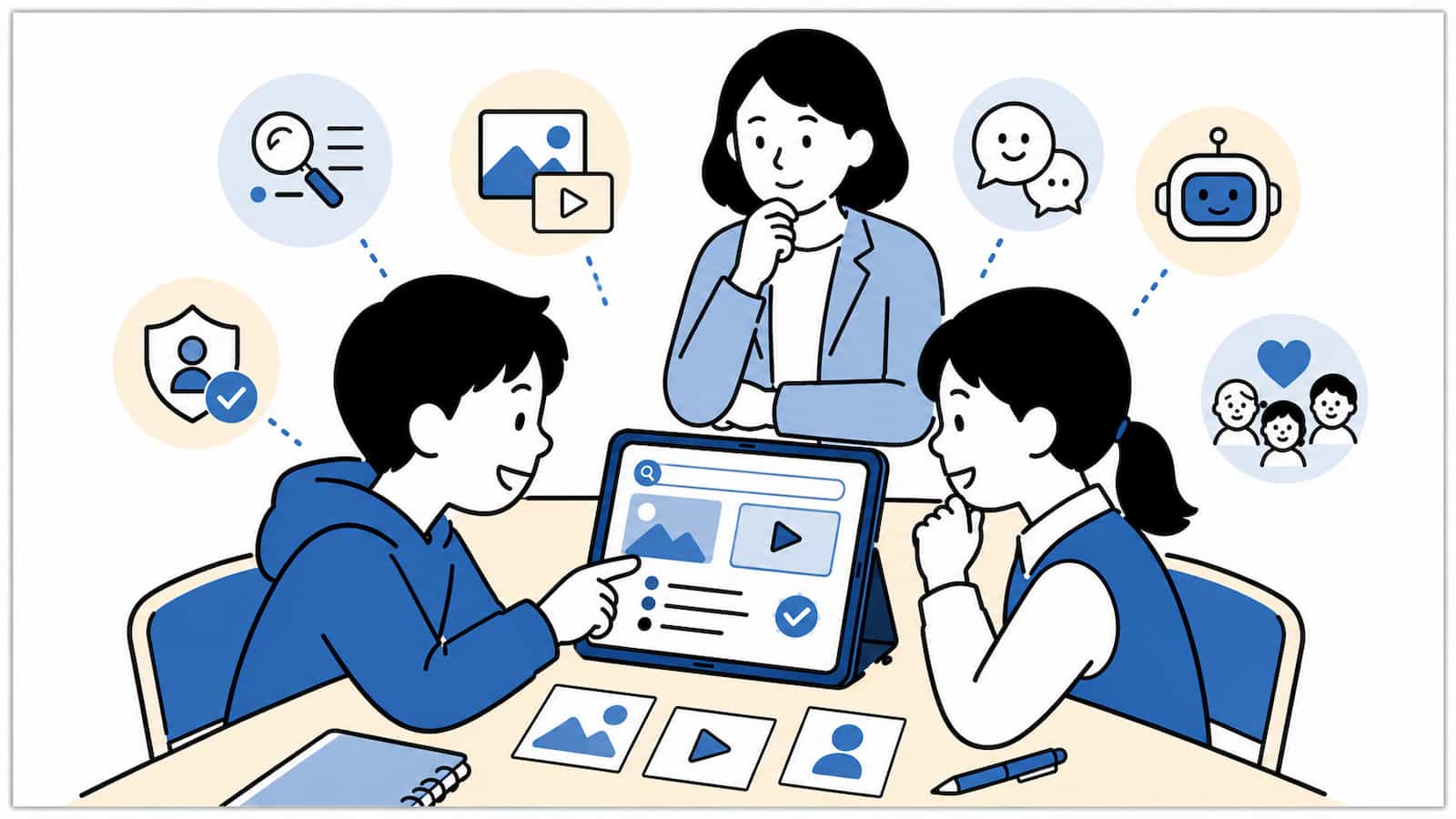 先生と2人の生徒が机上のタブレットを囲み、投稿や情報の受け取り方について対話している様子を描いた、情報モラル教育の予防的な学びを表す
