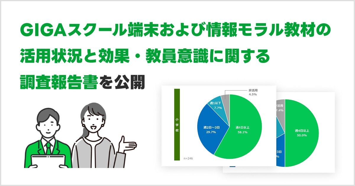 「GIGAスクール端末および情報モラル教材の活用状況と効果、教員意識に関する調査報告書」を公開と記載され、円グラフがデザインとして掲載された画像