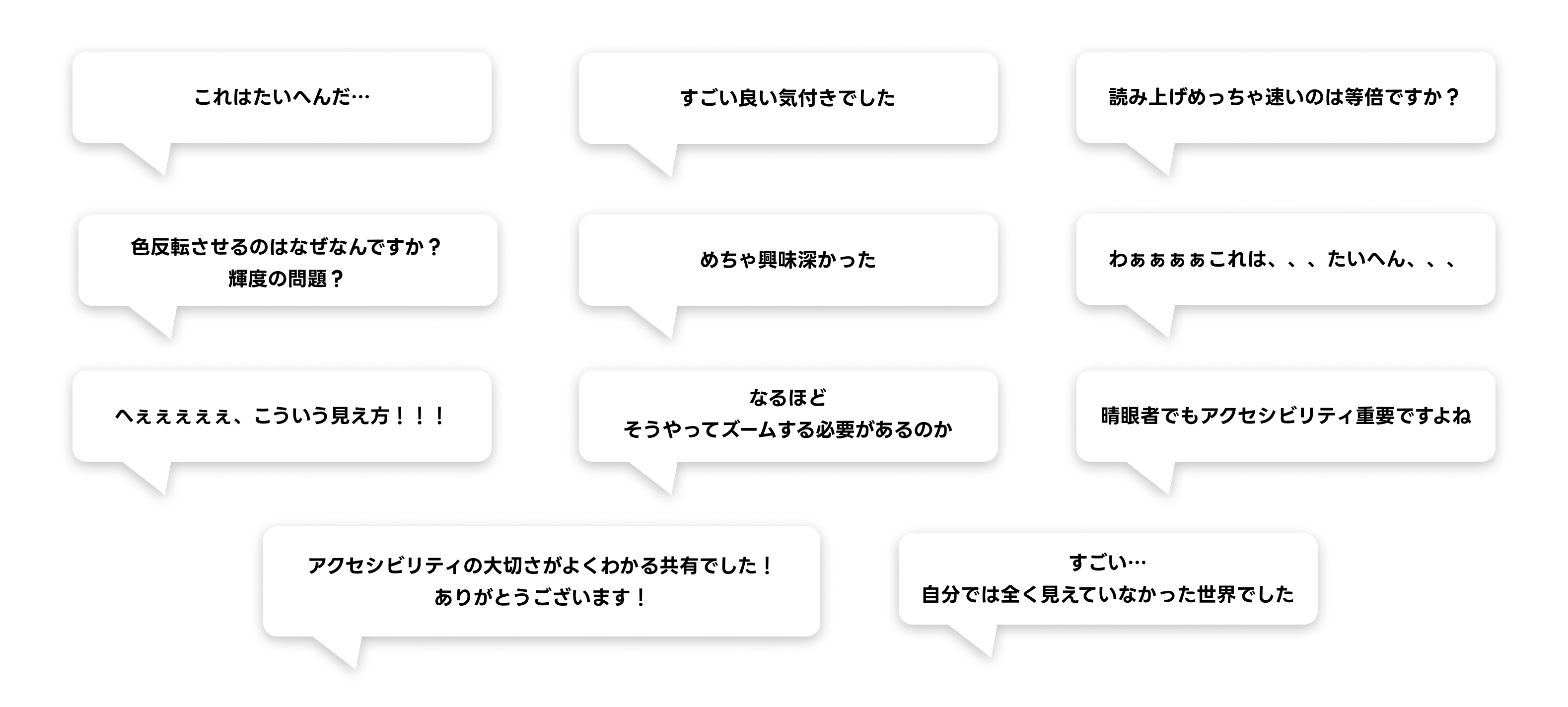 複数の吹き出しが並び、視覚的なアクセシビリティに関する感想が書かれています。コメント内容は以下の通りです。「これはたいへんだ…」「すごい良い気付きでした」「読み上げめっちゃ速いのは等倍ですか？」「色反転させるのはなぜなんですか？輝度の問題？」「めちゃ興味深かった」「わぁぁぁぁこれは、、、たいへん、、、」「へぇぇぇぇぇ、こういう見え方！！！」「なるほど、そうやってズームする必要があるのか」「晴眼者でもアクセシビリティ重要ですよね」「アクセシビリティの大切さがよくわかる共有でした！ありがとうございます！」「すごい…自分では全く見えていなかった世界でした」。