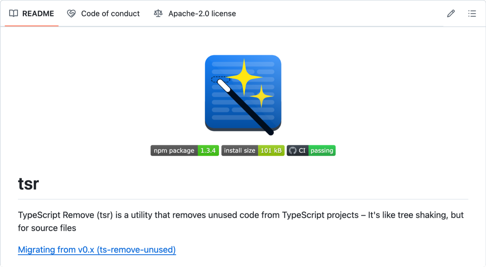 TypeScript Remove の README スクリーンショット。「TypeScript Remove (tsr) is a utility that removes unused code from TypeScript projects – It's like tree shaking, but for source files」と概要が記されている。