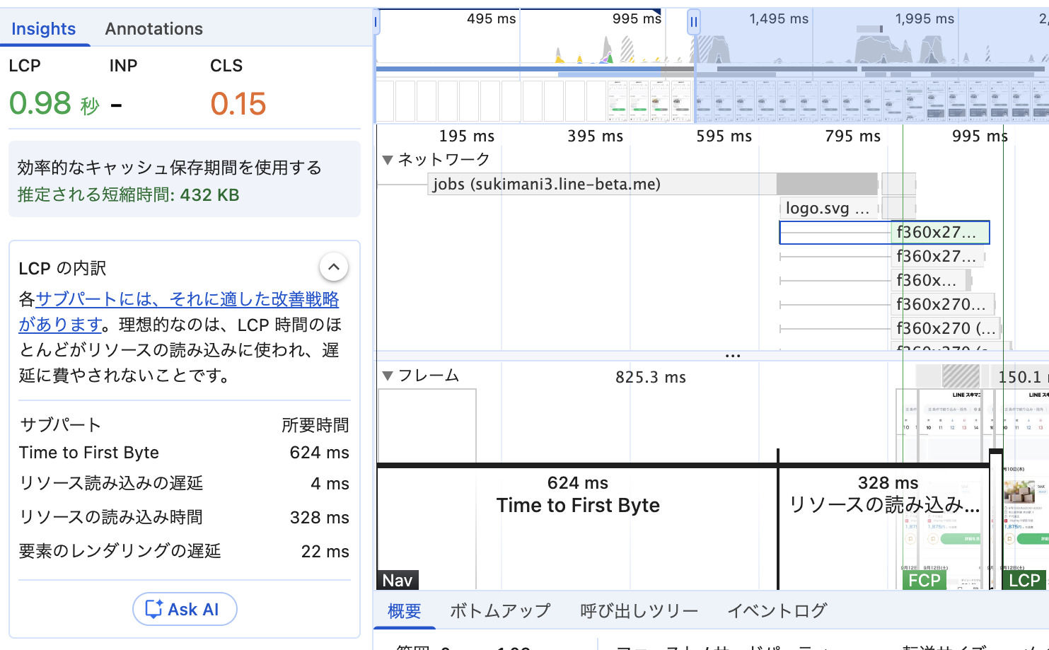キャッシュ導入前のLCP内訳。TTFBに624ミリ秒、リソースの読み込みに328ミリ秒を要している