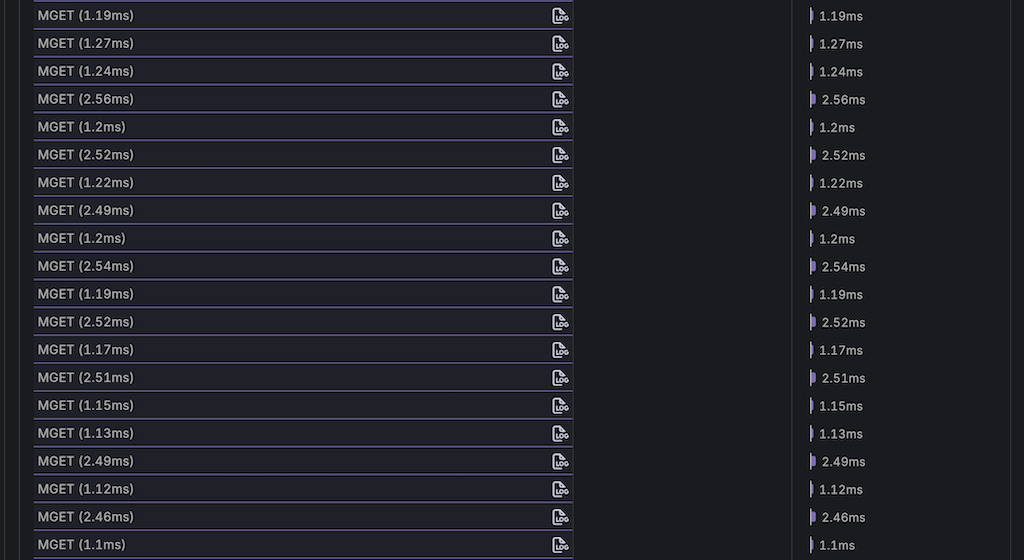 改善後のトレース、GETの代わりにMGETが大量に実行されている様子がわかる