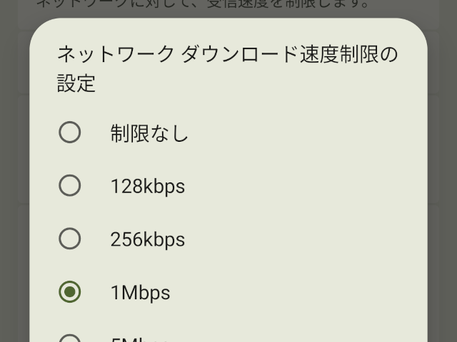 ネットワークダウンロード速度制限の設定画面。1Mbpsに設定