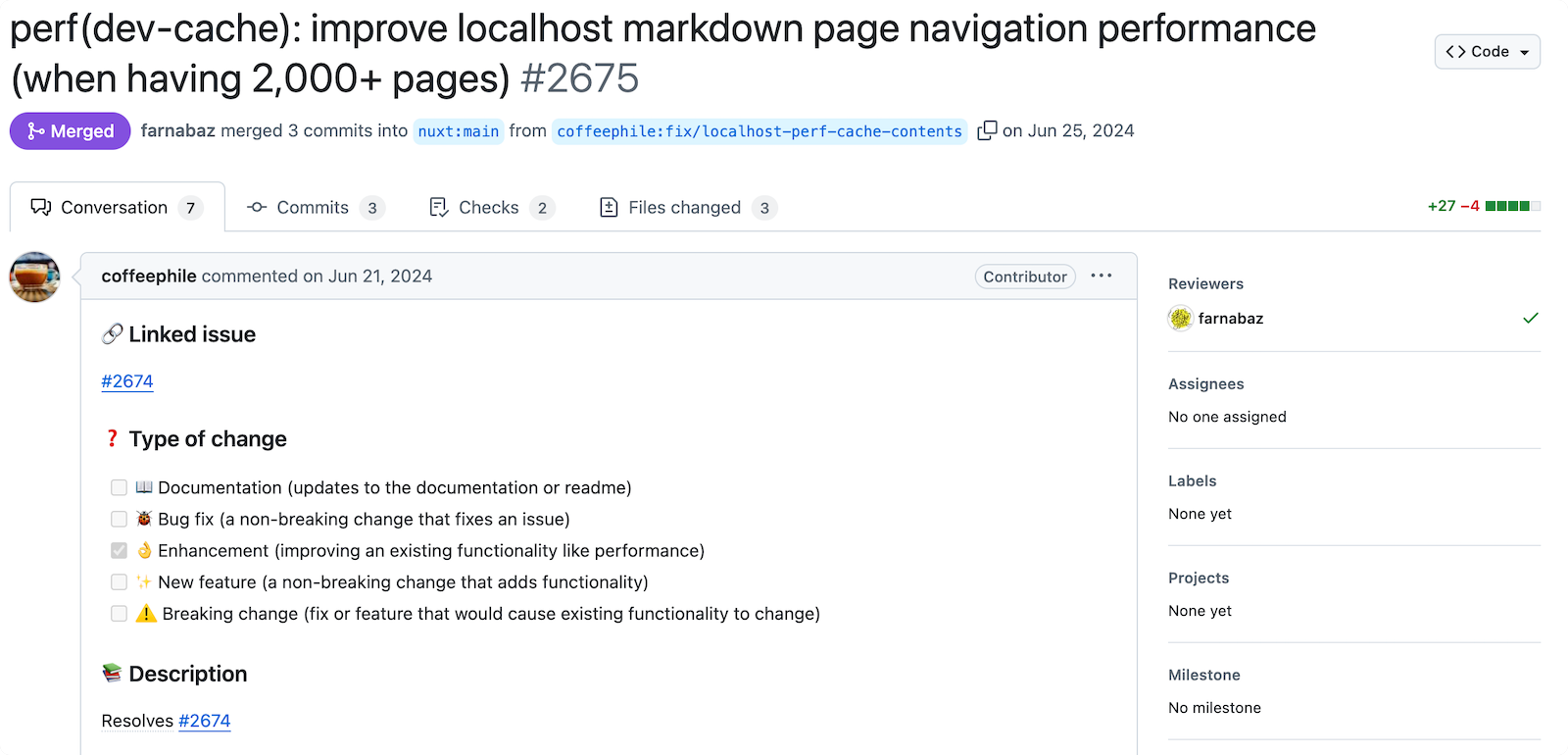 「perf(dev-cache): improve localhost markdown page navigation performance (when having 2,000+ pages)」 Pull Request のスクリーンショット