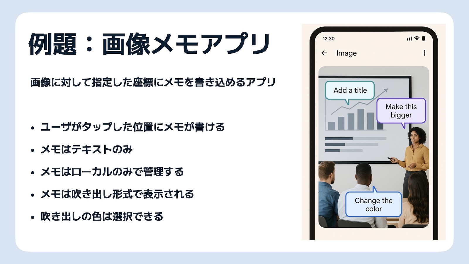 例題：画像メモアプリ 画像に対して指定した座標にメモを書き込めるアプリ ・ユーザがタップした位置にメモが書ける・メモはテキストのみ・メモはローカルのみで管理する・メモは吹き出し形式で表示される・吹き出しの色は選択できる