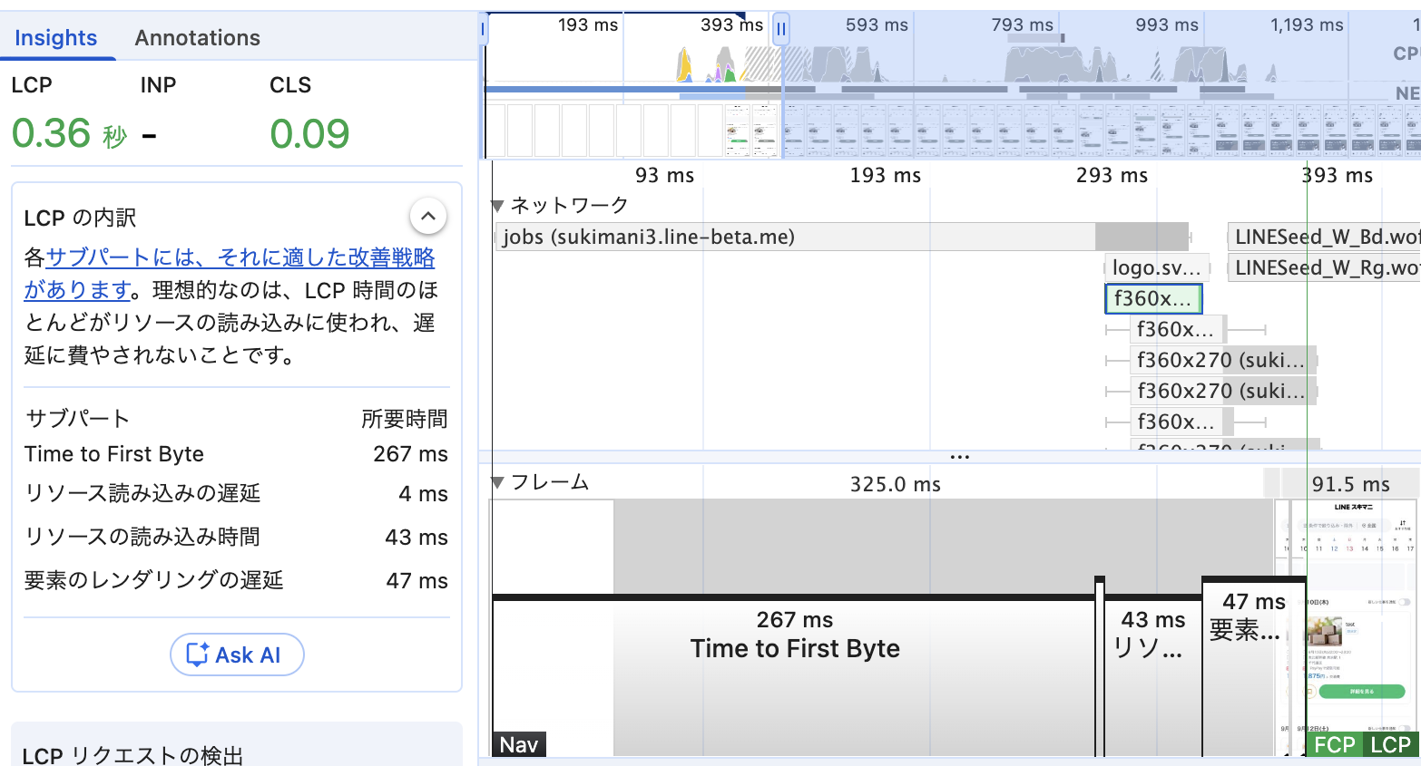 キャッシュ導入後のLCP内訳。TTFBは267ミリ秒、リソースの読み込み時間は43ミリ秒まで短縮している