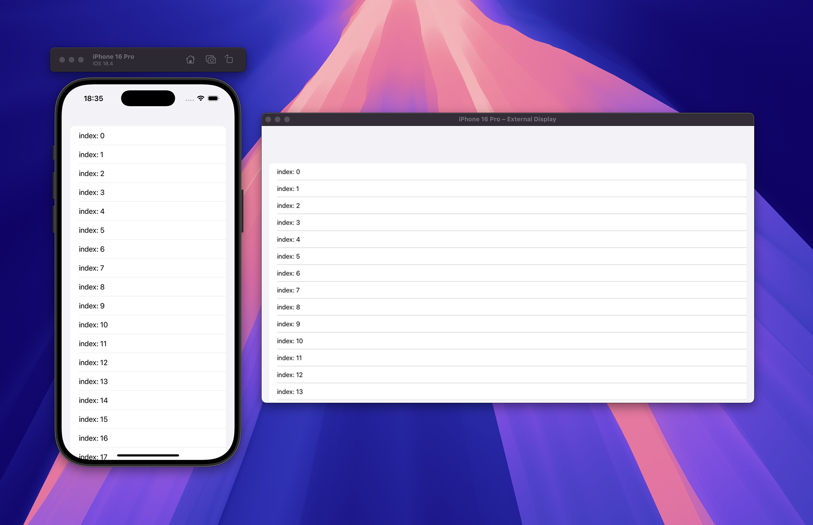 A screenshot showing an iPhone simulator and its external display. The iPhone has list and the external display has extended list.